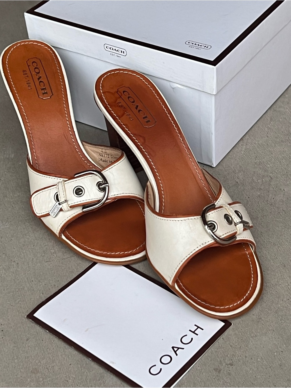 Coach Daryn White Leather Mule Sandals Buckle Block Heel Y2K Size 8B w/ Box